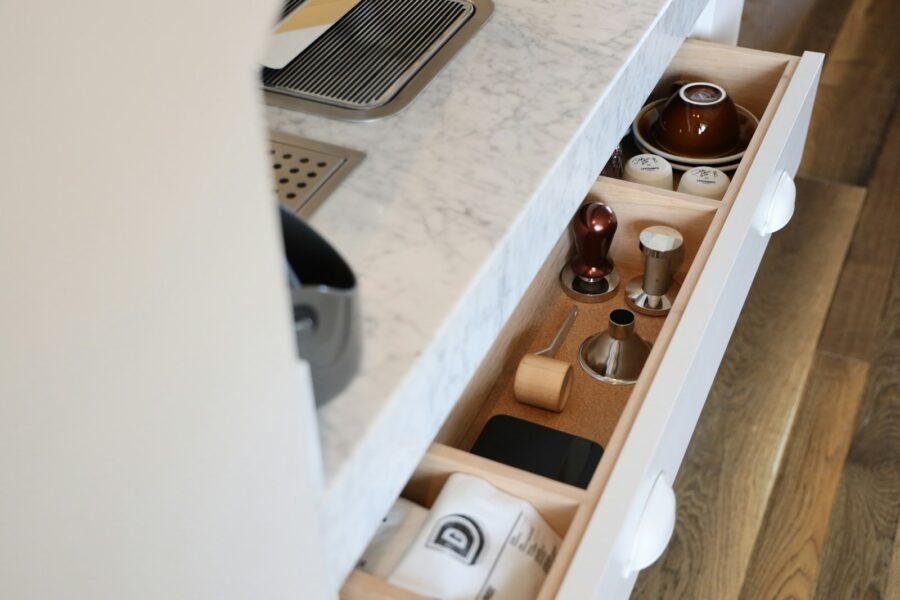 Compact home coffee station wooden sideboard jars