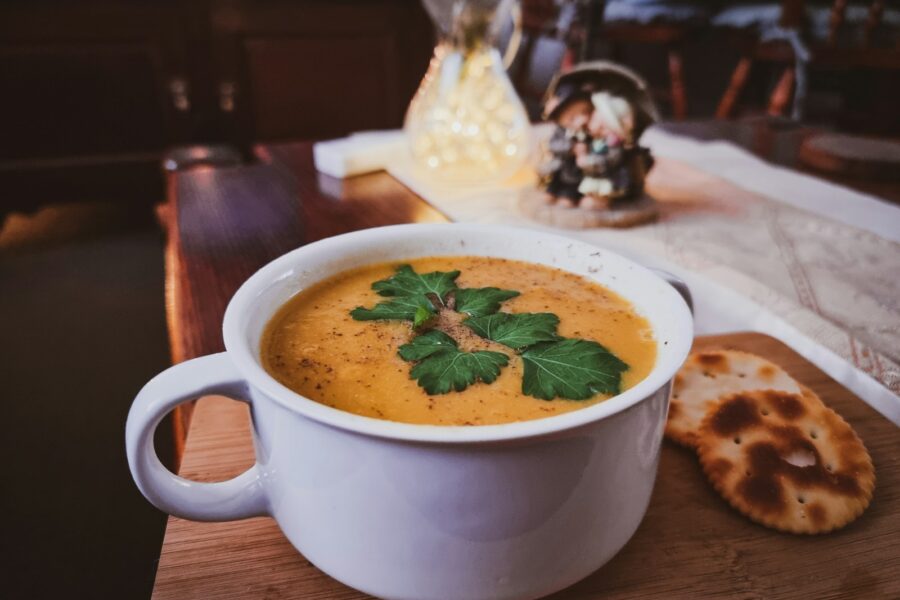 Winter soup bowl rustic wooden table