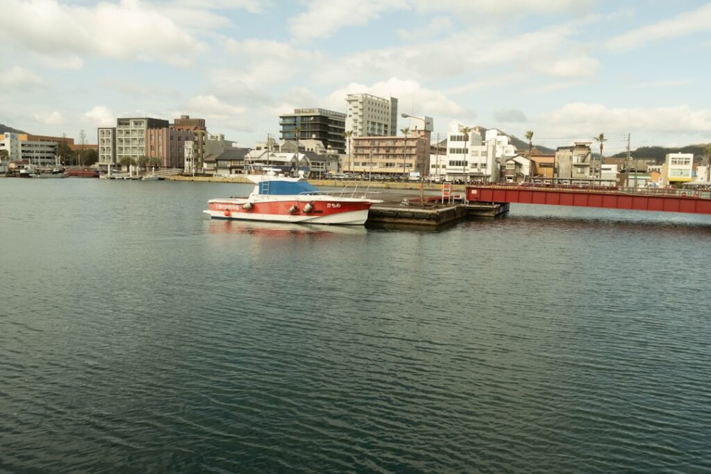 Boats docked in a harbor with city buildings behind