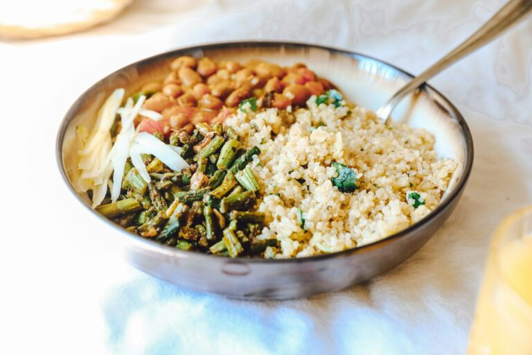 Grain bean bowl vegetables roasted chickpeas baking tray