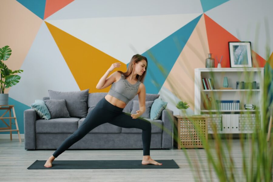 Home workout living room dumbbells yoga mat
