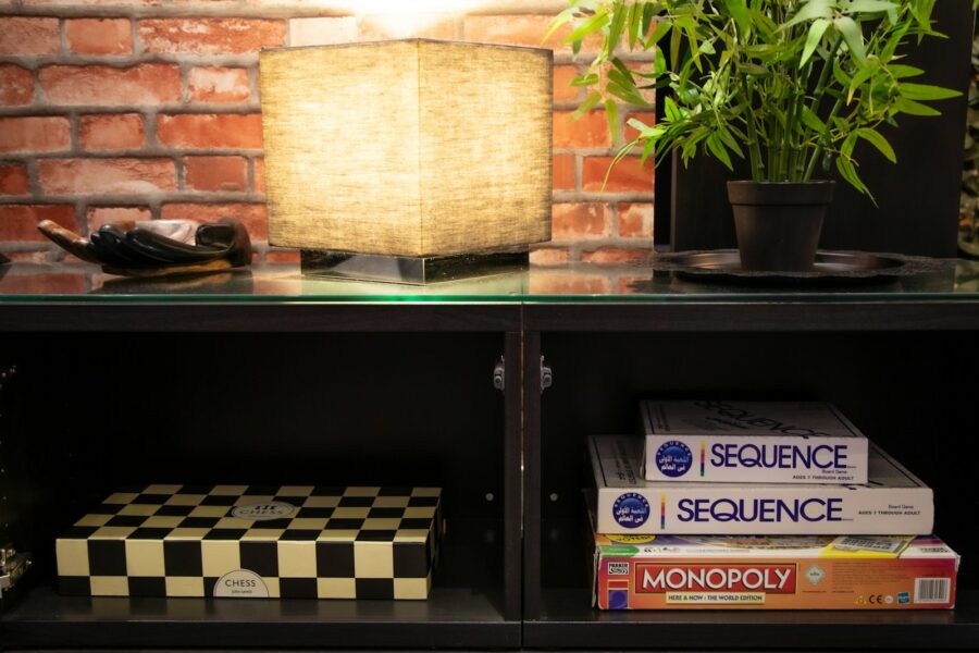 Family board game night living room table