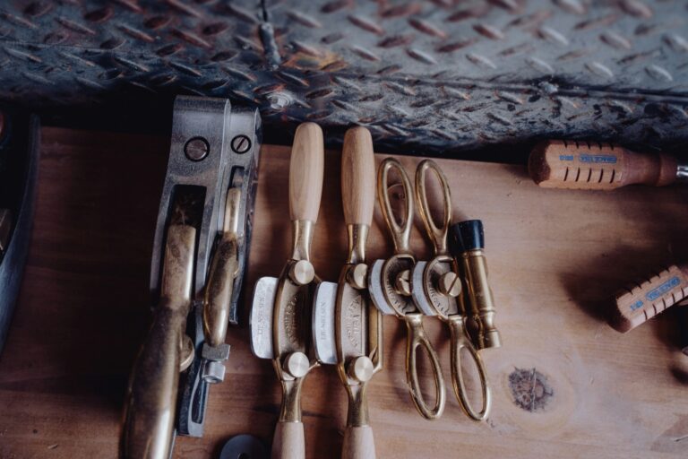 Different types dog leashes laid out wooden table