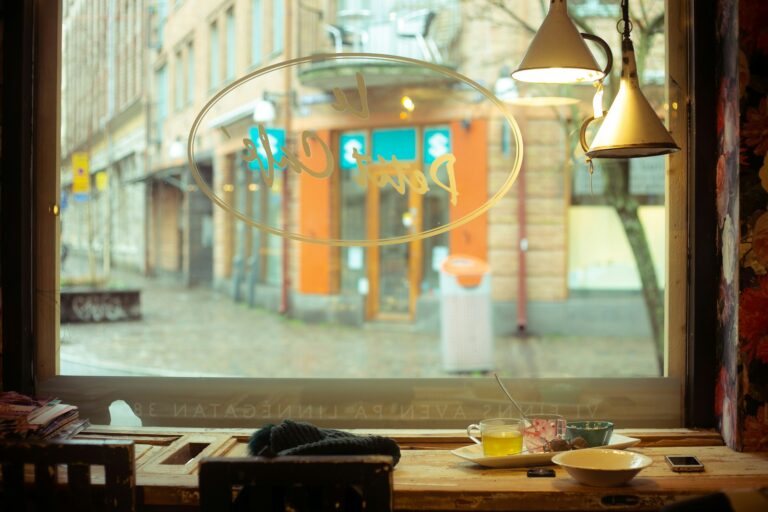 Cozy cafe window rain street indoor market food