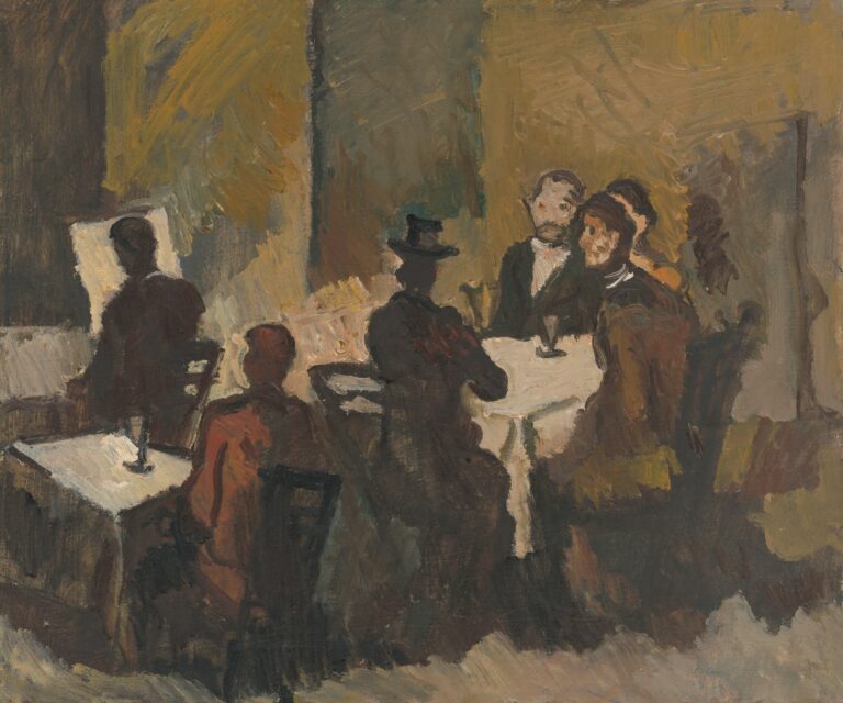 Empty museum gallery paintings european cafe terrace rain