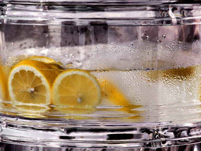 Glass pitcher iced tea lemon slices