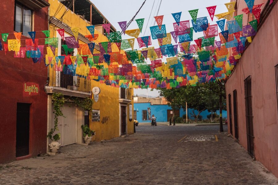 Oaxaca colorful street colonial buildings