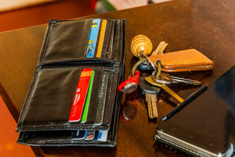 Closeup wallet receipts wooden table