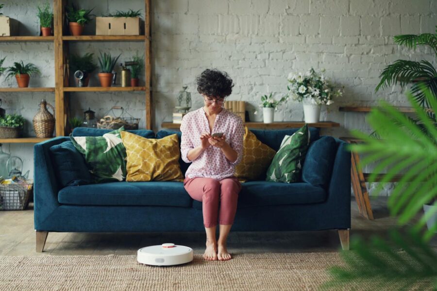 Smart home security camera living room sofa