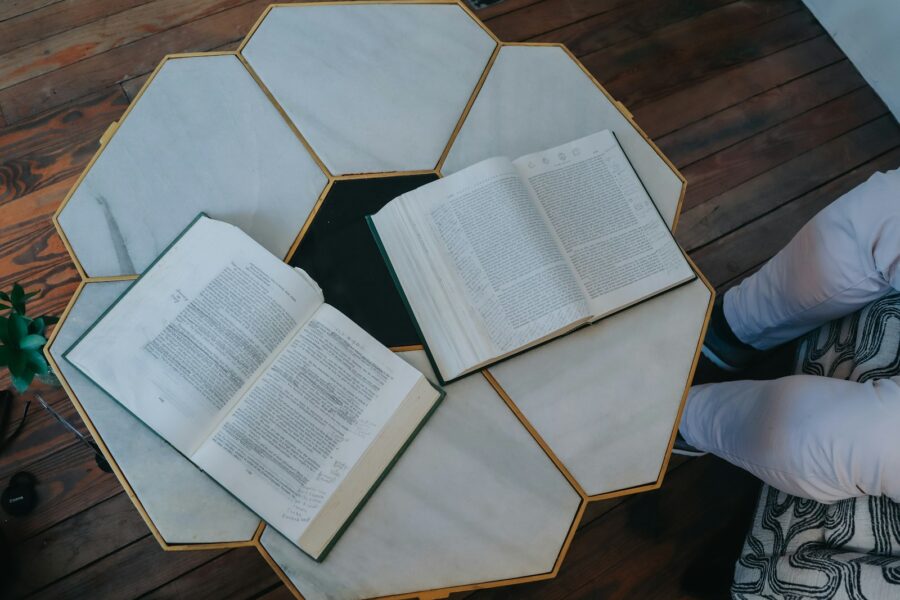 Open book foreign language notes coffee table