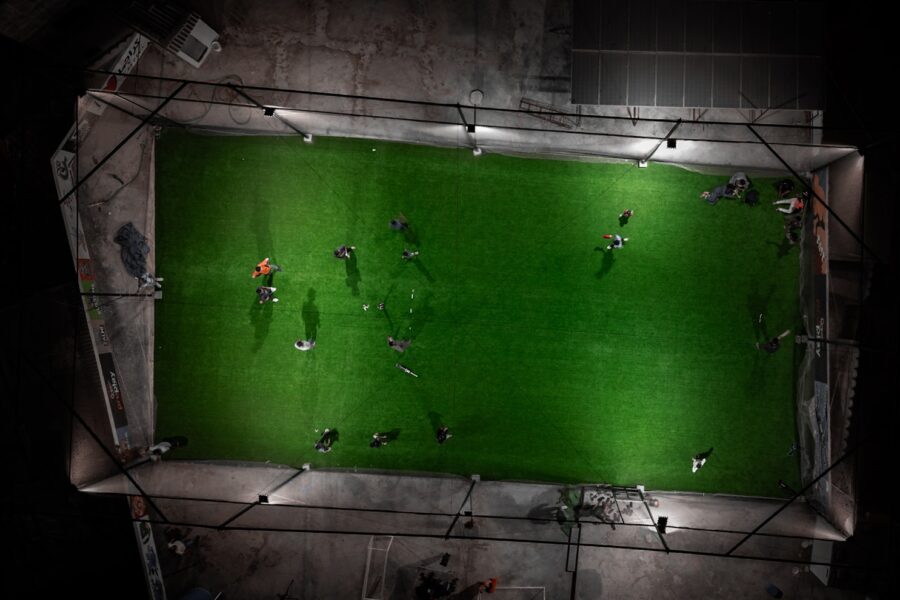 Football corner kick aerial duel stadium
