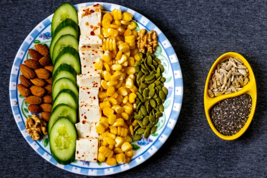 Healthy protein snack box nuts eggs vegetables