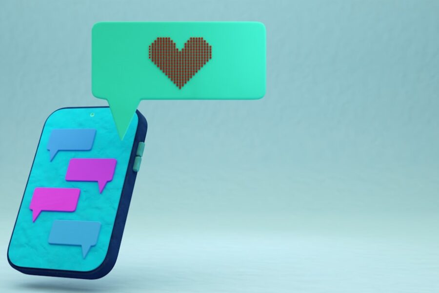 Smartphone displaying chat bubbles with a heart icon.