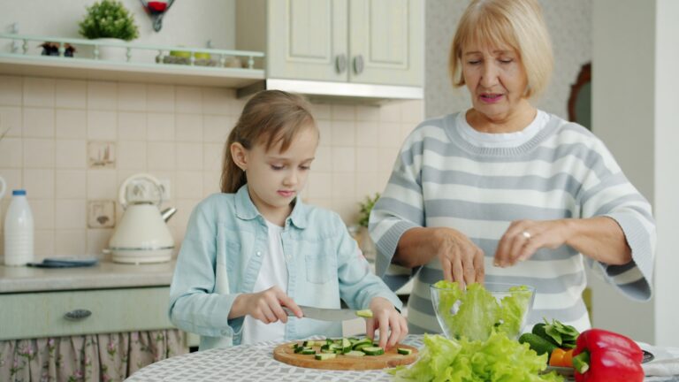 Family cooking vegetables kitchen