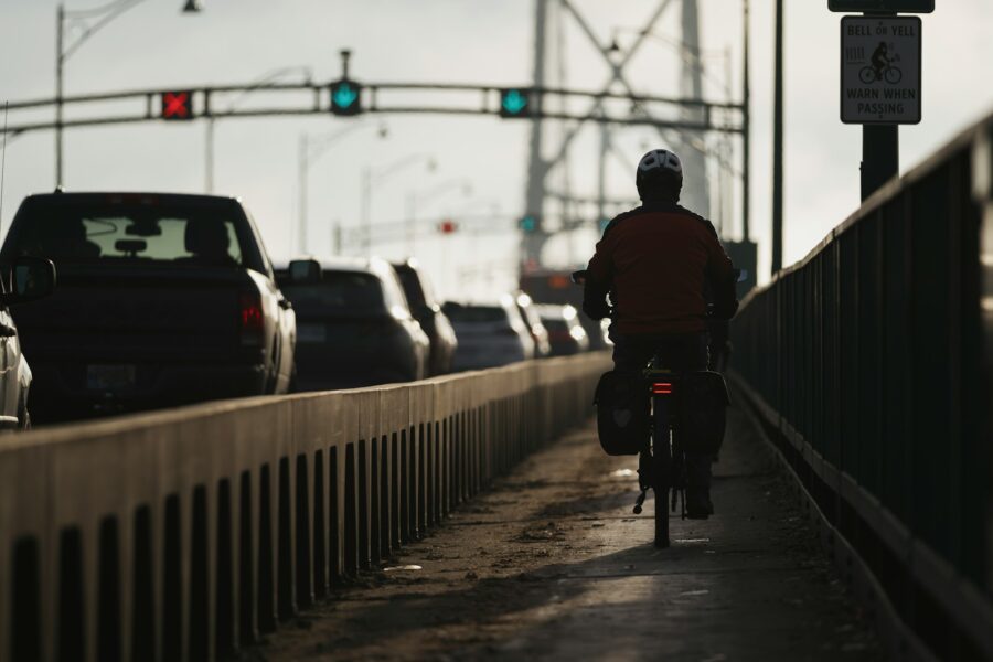 Urban cyclist helmet bike lane city traffic