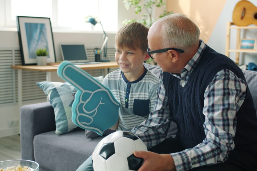 Grandparents video call grandchildren living room