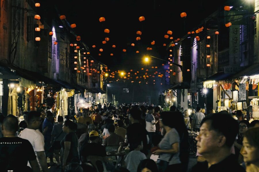 Night street festival lanterns crowd