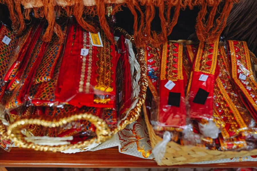Traditional wedding clothing colorful textiles jewelry