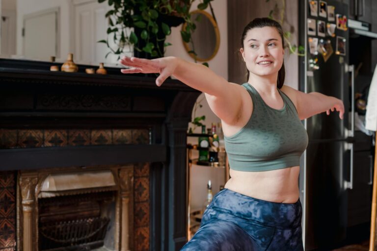 Gentle yoga twist living room person stretching work