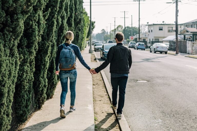 Suburban sidewalk walking