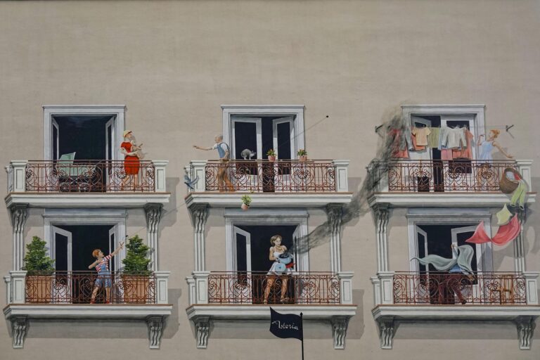 City balconies evening musicians neighbors detail