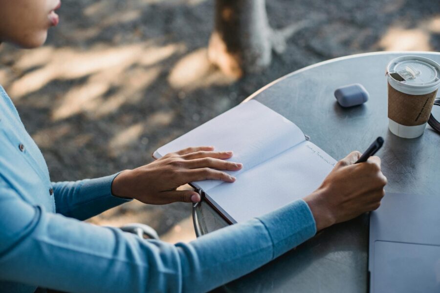 Open notebook coffee cup cafe table