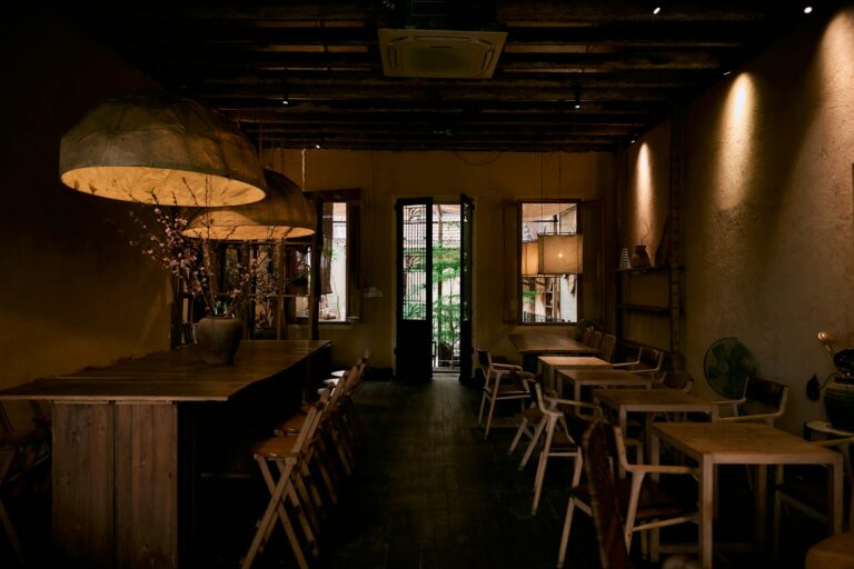 Cafe interior wooden tables notebooks