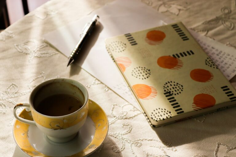 Desk planner pen coffee cup notebook