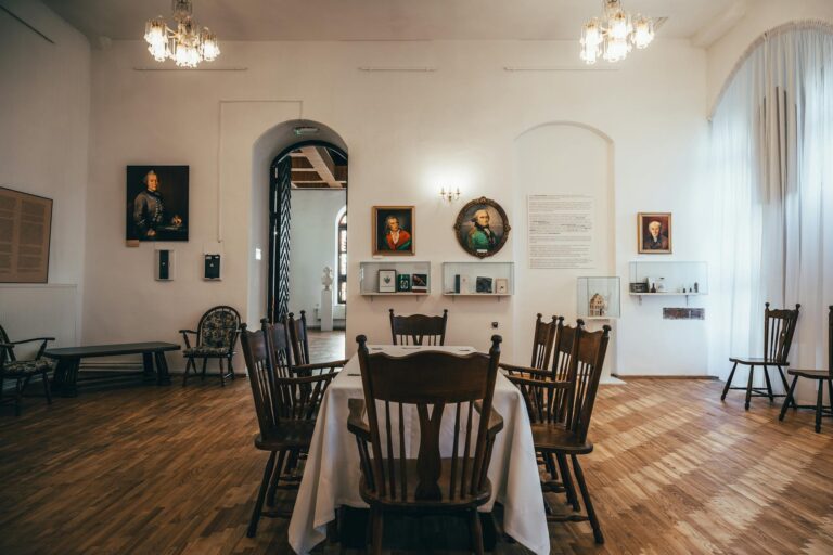 Small house museum interior wooden furniture city street