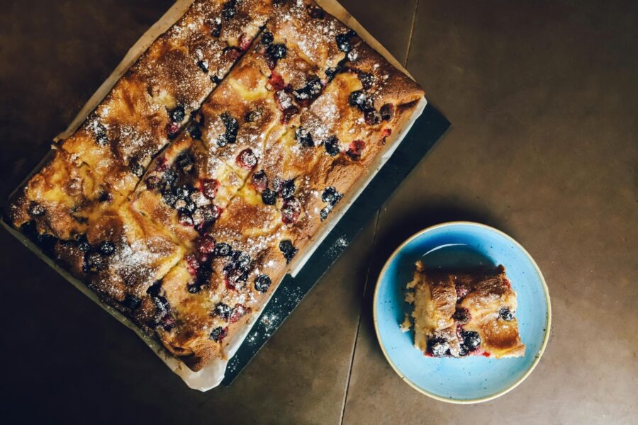 Low sugar homemade berry cake wooden table