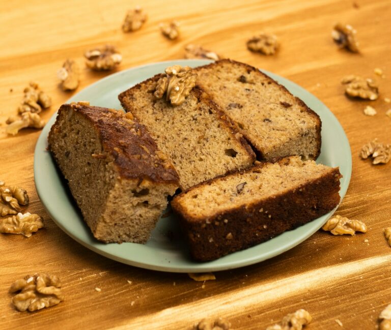 Low sugar banana bread slices plate