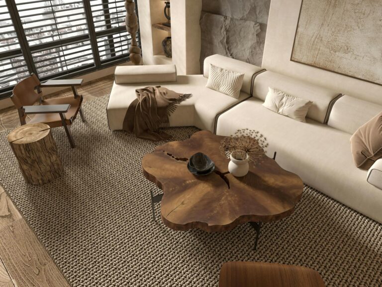 Neutral living room sofa soft textiles wooden coffee
