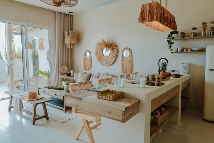 Family doing house chores together kitchen living room