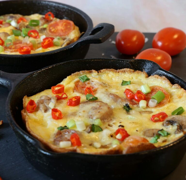 Frittata slices cast iron pan vegetable fried rice