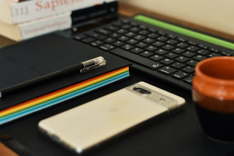 Morning coffee notebook pen desk