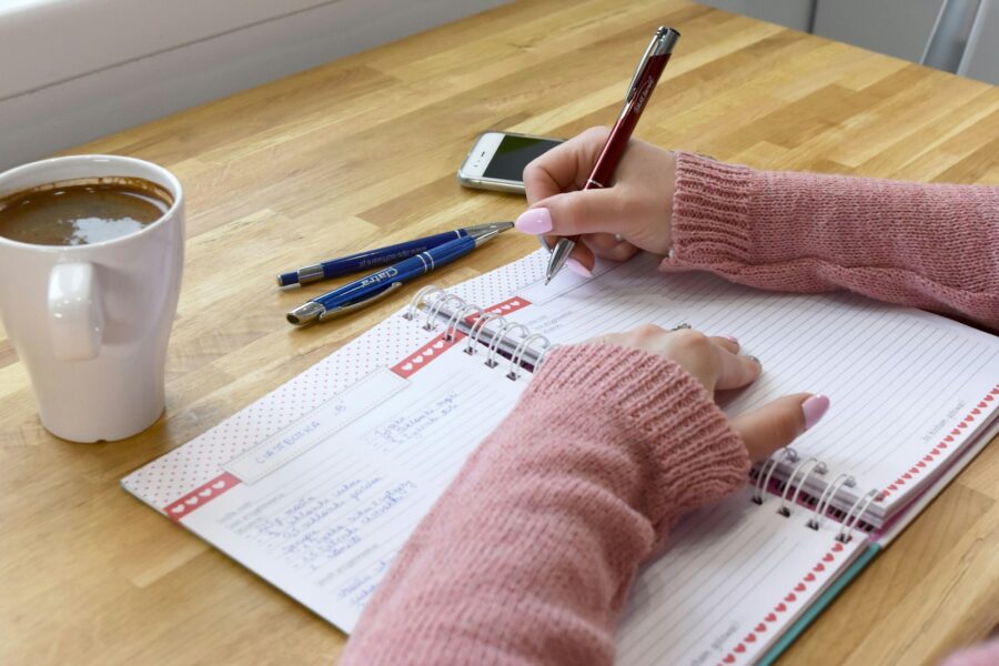 Morning coffee notebook pen desk