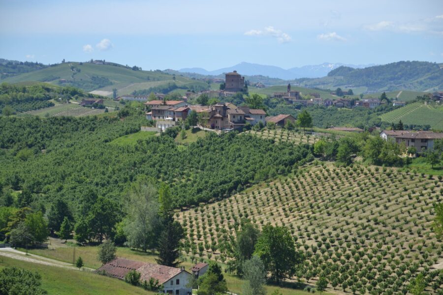 Langhe vineyards hilltop village piedmont italy