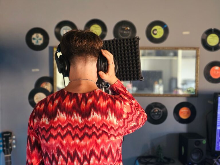 Young musician recording