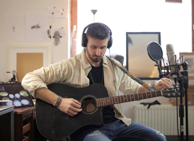 Young musician recording